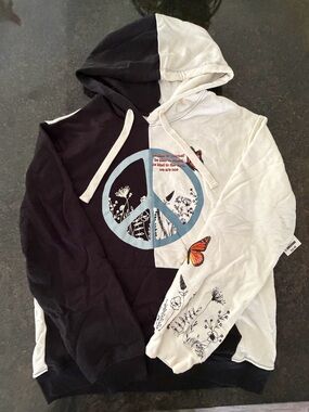 Black & White Peace Sign Split Hoodie with Floral and Butterfly Accents